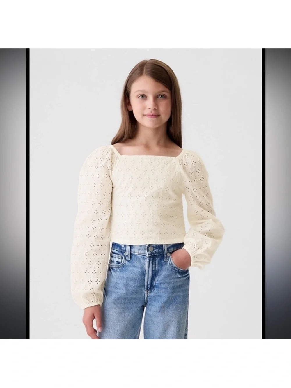 NWT Gap Kids white eyelet long sleeve Cropped Puff-Sleeve Shirt